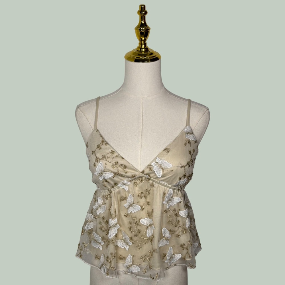 thirty thirty Y2K beige gold embroidered floral butterfly cami babydoll crop top